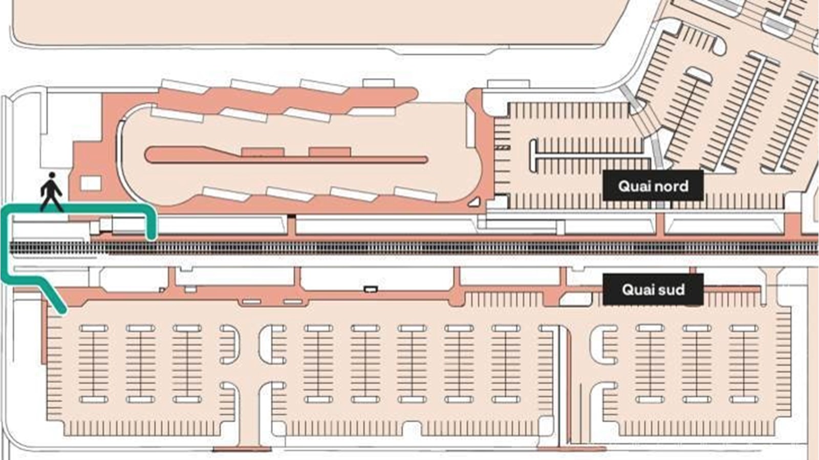 Les clients qui se stationneront au sud de la gare devront suivre cet itinéraire afin de rejoindre le quai nord de façon sécuritaire.