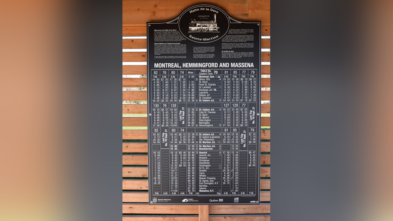 Reproduction d’un panneau d’époque annonçant les départs des trains