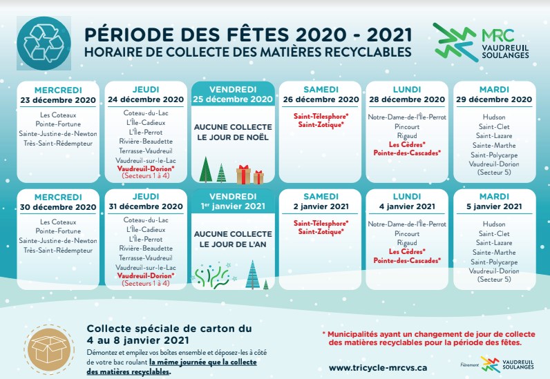 Changement d’horaire pour la collecte des matières recyclables et le Réseau des écocentres