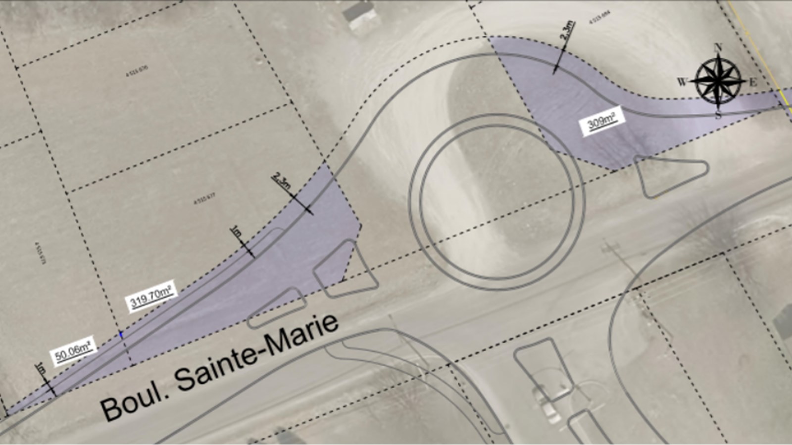 La zone en mauve sur le plan correspond aux lots qui ont été acquis par la Ville de Salaberry-de-Valleyfield afin de réaliser le projet