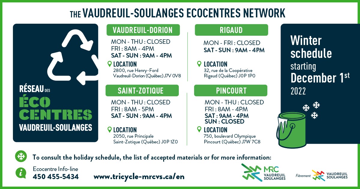 Retour à l’horaire d’hiver du Réseau des écocentres