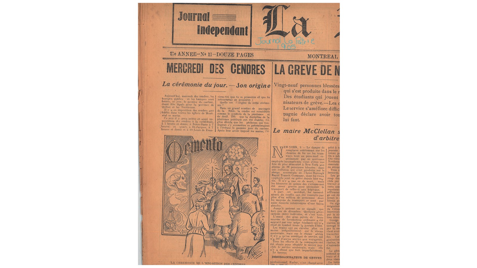 « Mercredi des Cendres », article tiré du journal La Patrie, 1905, p.1.