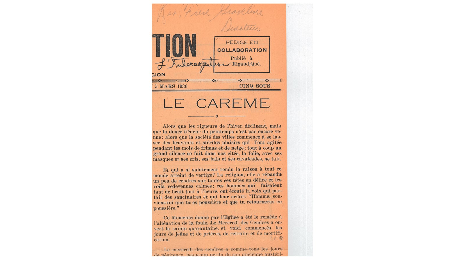 « Le Carême », article tiré du journal L’Interrogation de Rigaud, 1936, p.1.