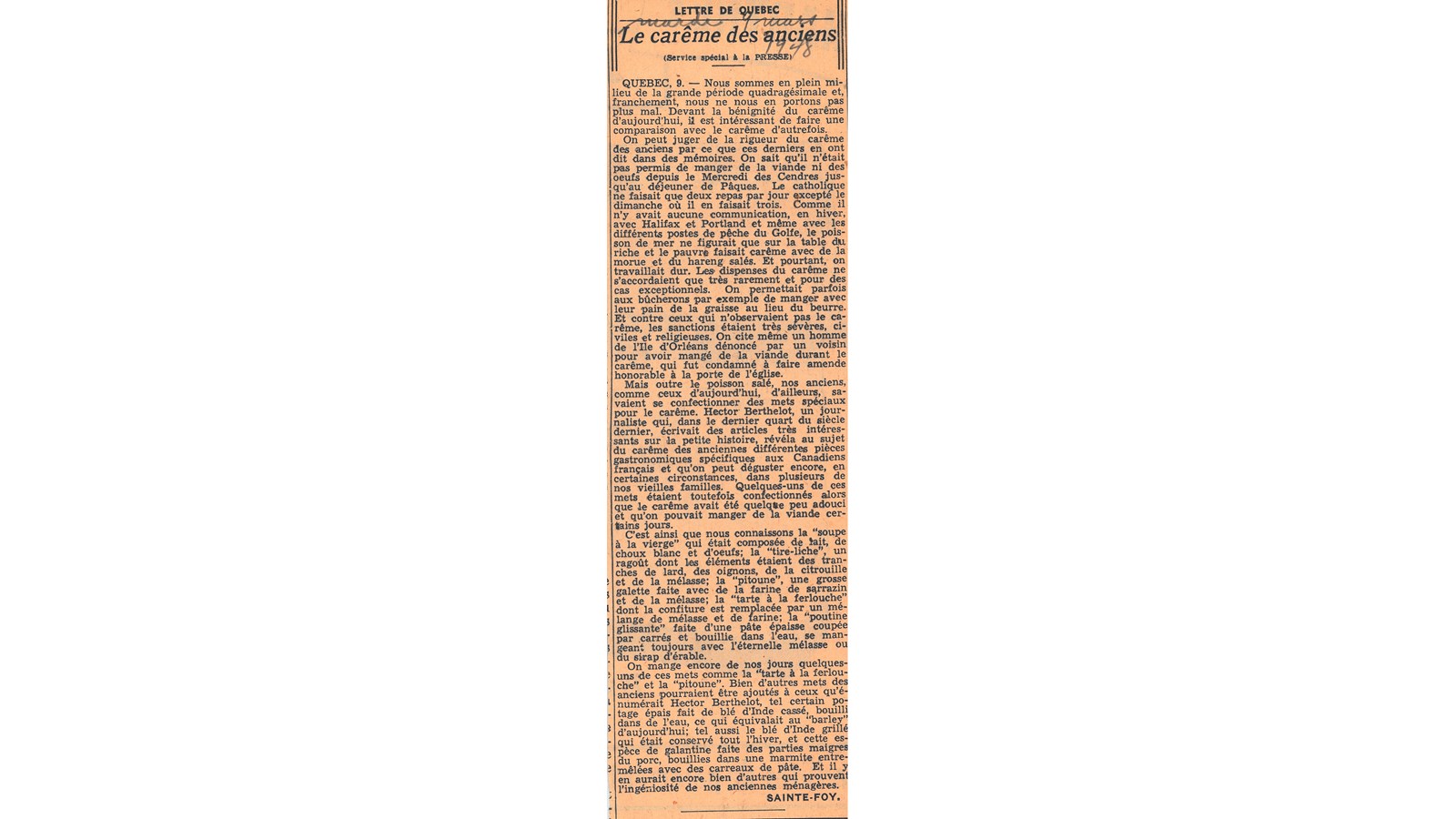 « Le carême des anciens », article tiré du journal La Presse, 1948, page
inconnue.
