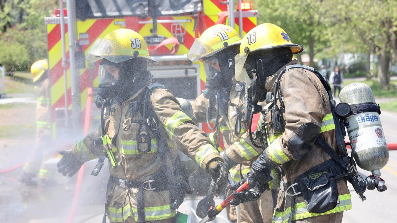 Firefighters on the scene of a fire in a basement dwelling in St. Lazare this afternoon.
