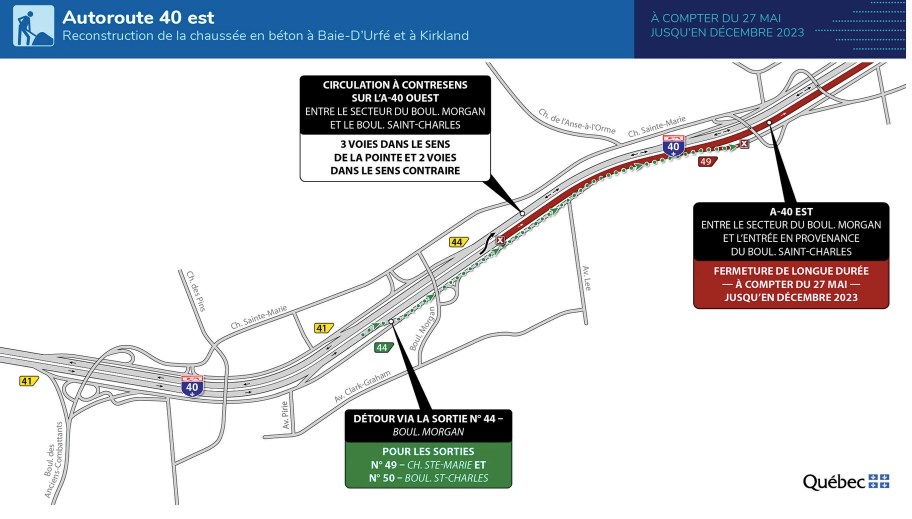 A map shows the closure of Highway 40 east and the redirection of traffic during the reconstruction phase.