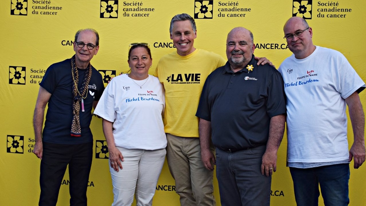 Left to right - L'Île-Perrot Mayor Pierre Séguin, Notre Dame de l'Île-Perrot Mayor Danie Deschênes, Vaudreuil-Soulanges Relay for Life Chairman Peter Schiefke, Pincourt Mayor Claude Comeau and Terrasse-Vaudreuil Mayor Michel Bourdeau at the Relay for Life fundraising event for cancer research at Olympic Park in Pincourt, June 10.
