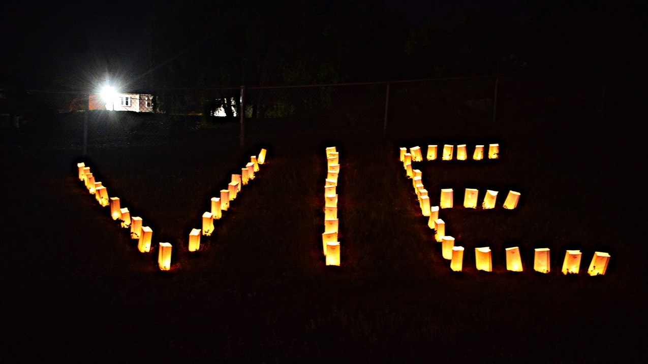 A row of lanterns with the word VIE (LIFE) at the Relay for Life fundraising event for cancer research at Olympic Park in Pincourt, June 10.