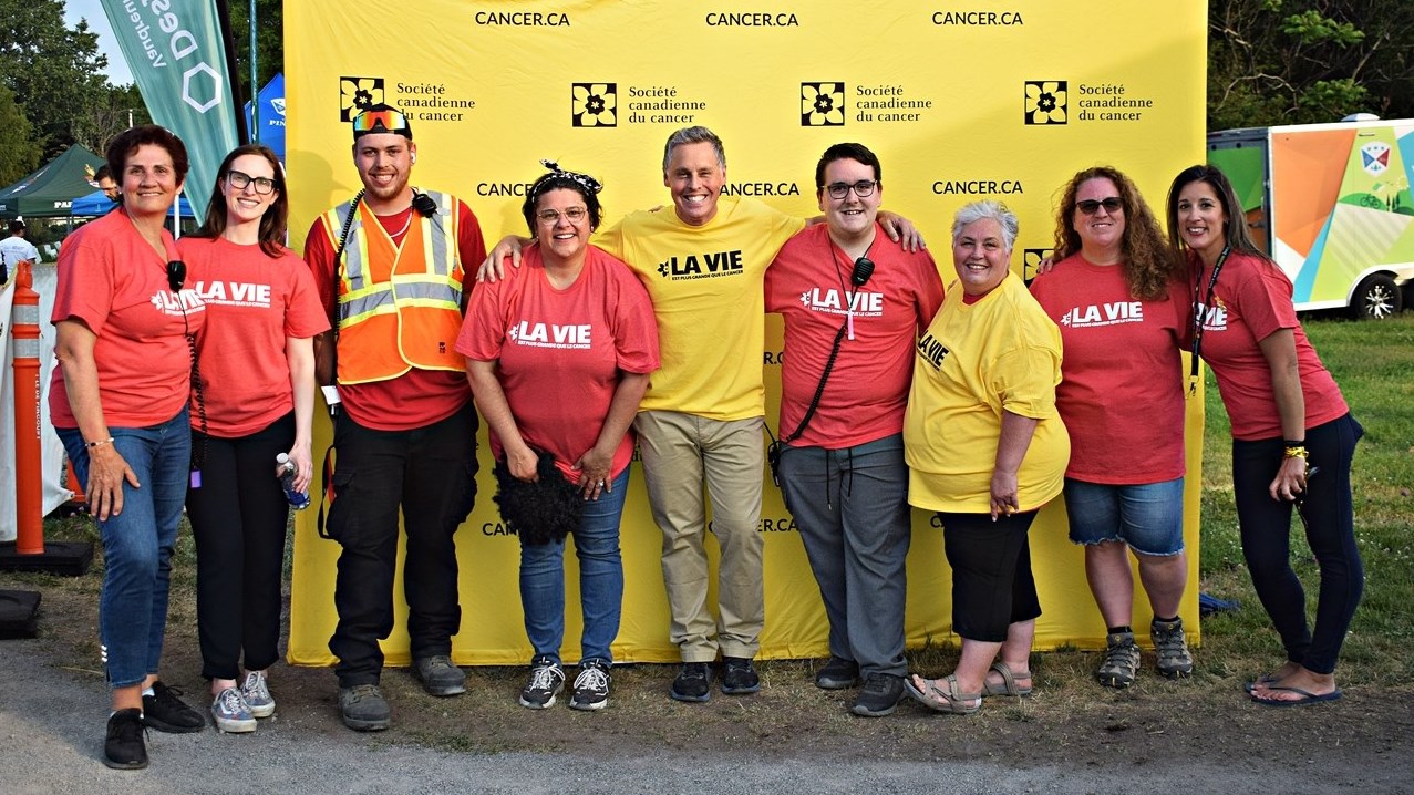 Left to right - Chantal Therrien, Camille Poulin, Kevin Macdonald, Nadine Bissonnette, Peter Schiefke, Hugo Gendreau, Nathalie Gravel, Liette Leduc and Emylie Lapierre at the Relay for Life fundraising event for cancer research at Olympic Park in Pincourt, June10.