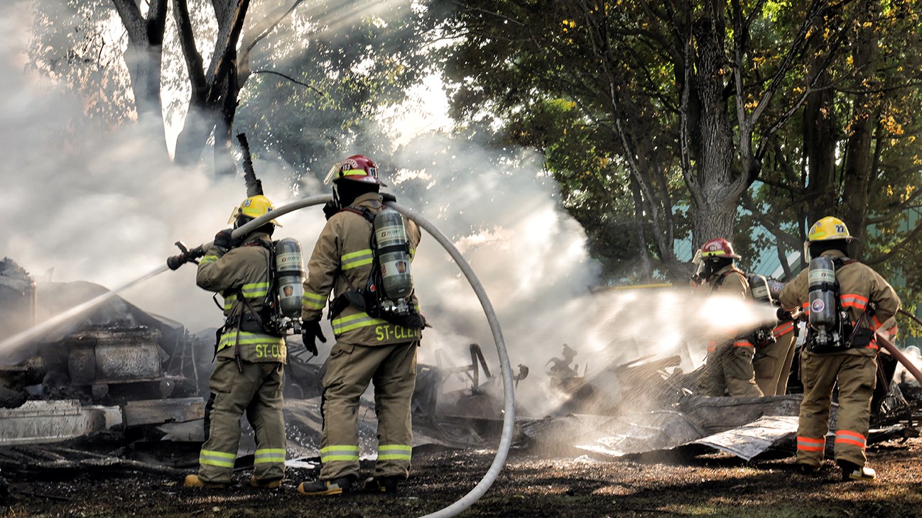 A garage is destroyed by flames