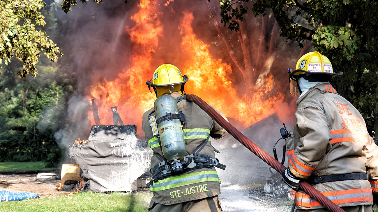 A garage is destroyed by flames