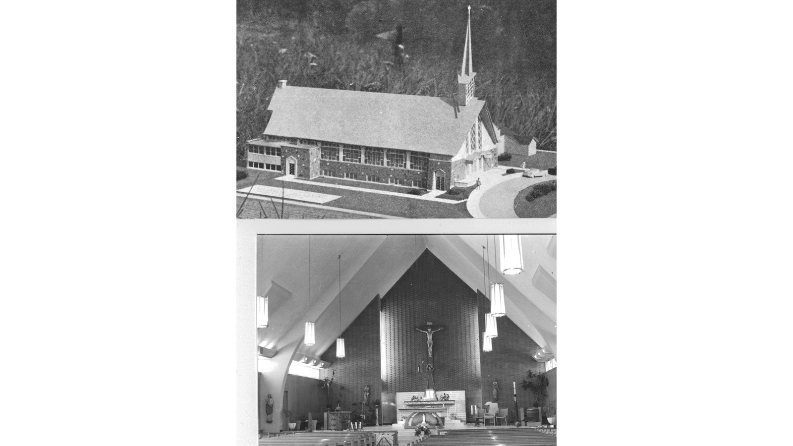 Maquette de la nouvelle église Sainte-Rose-de-Lima et son intérieur. Fin des années 1950.