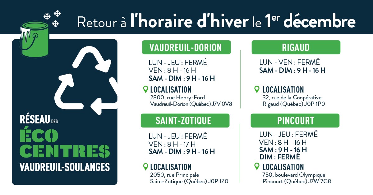 Retour à l'horaire d'hiver pour les écocentres de Vaudreuil-Soulanges