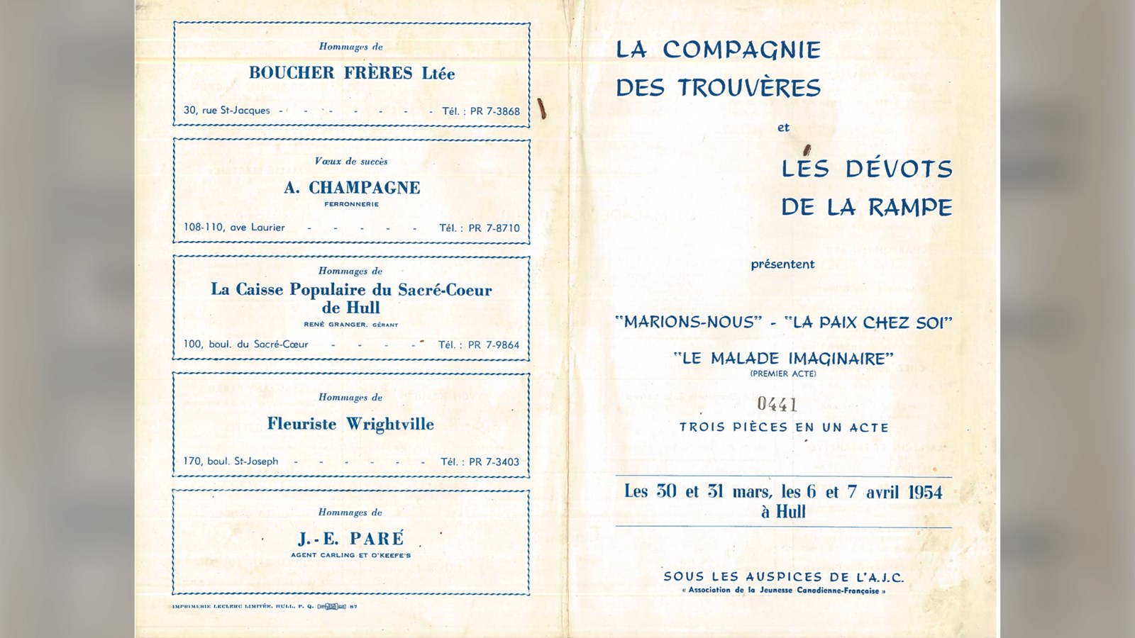 Livret de spectacle : trois pièces en un acte : Marions-nous – La paix chez soi et le malade
imaginaire. 1954.