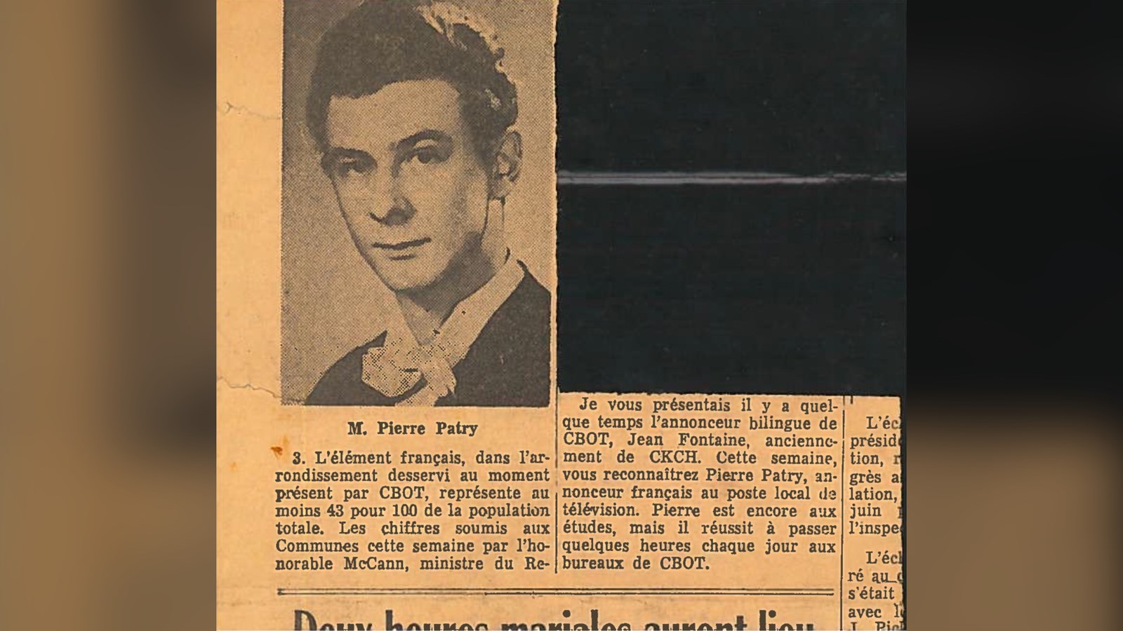 Coupure de journal sur Pierre Patry et la radio CBOT.