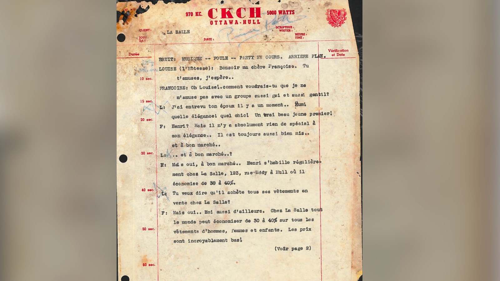 Extrait d’une annonce passée à la radio CKCH.