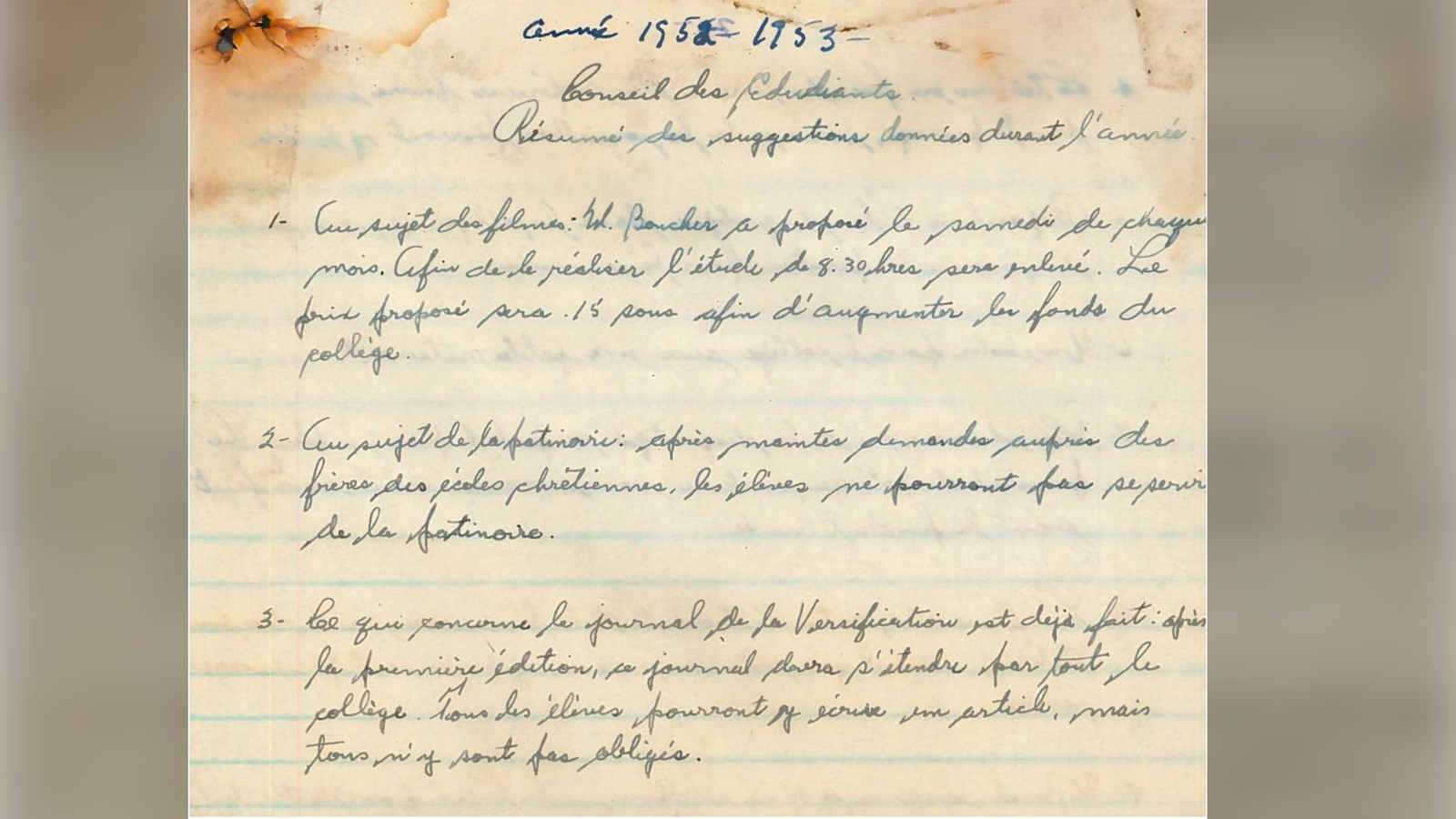 Texte résumé des suggestions pour le conseil des Étudiants pour l’année 1952-1953