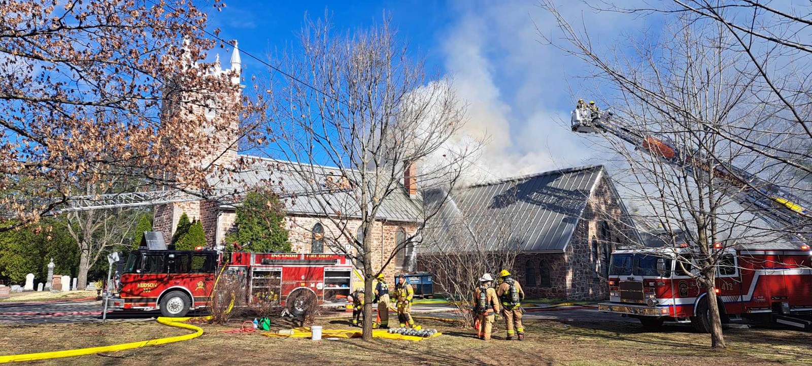 Fire in progress at St. James Anglican Church in Hudson