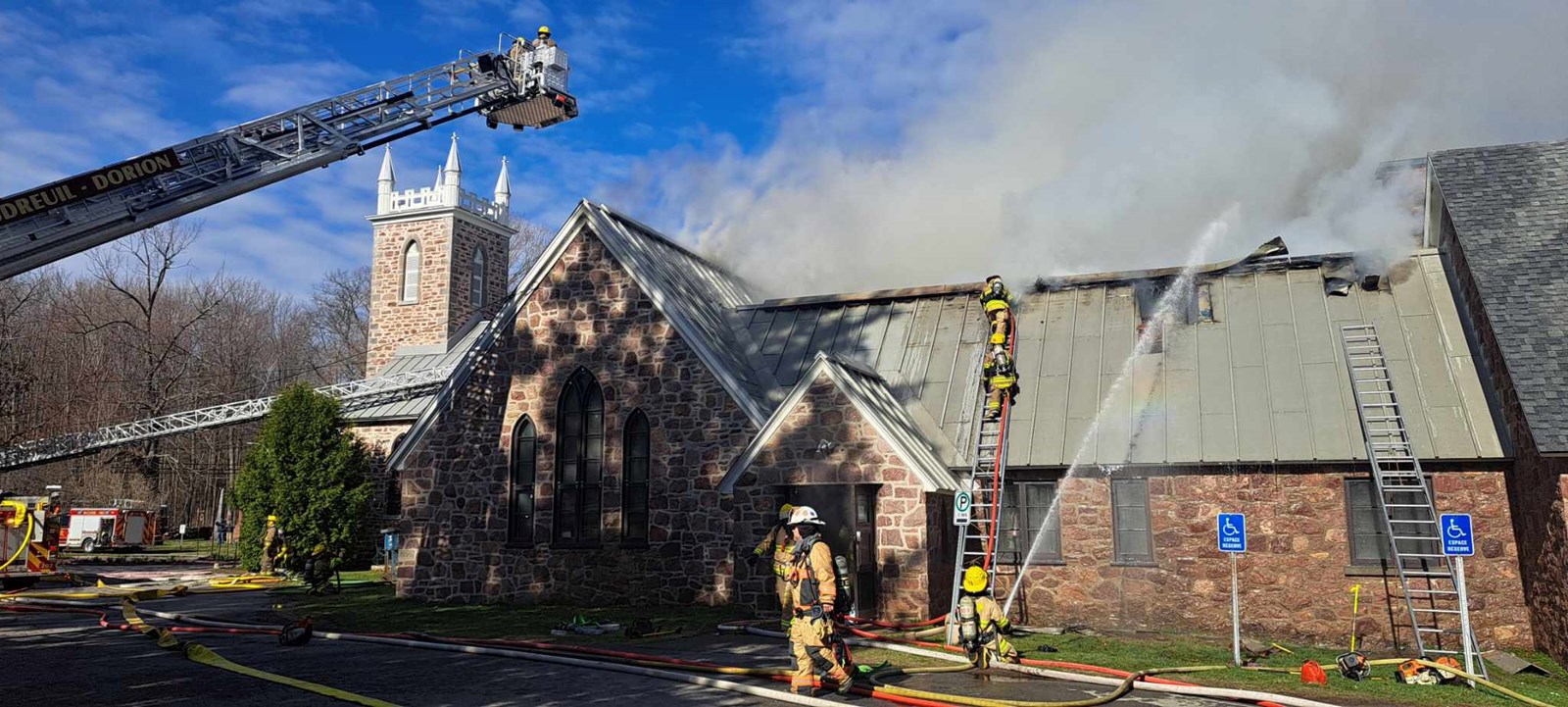 Fire in progress at St. James Anglican Church in Hudson