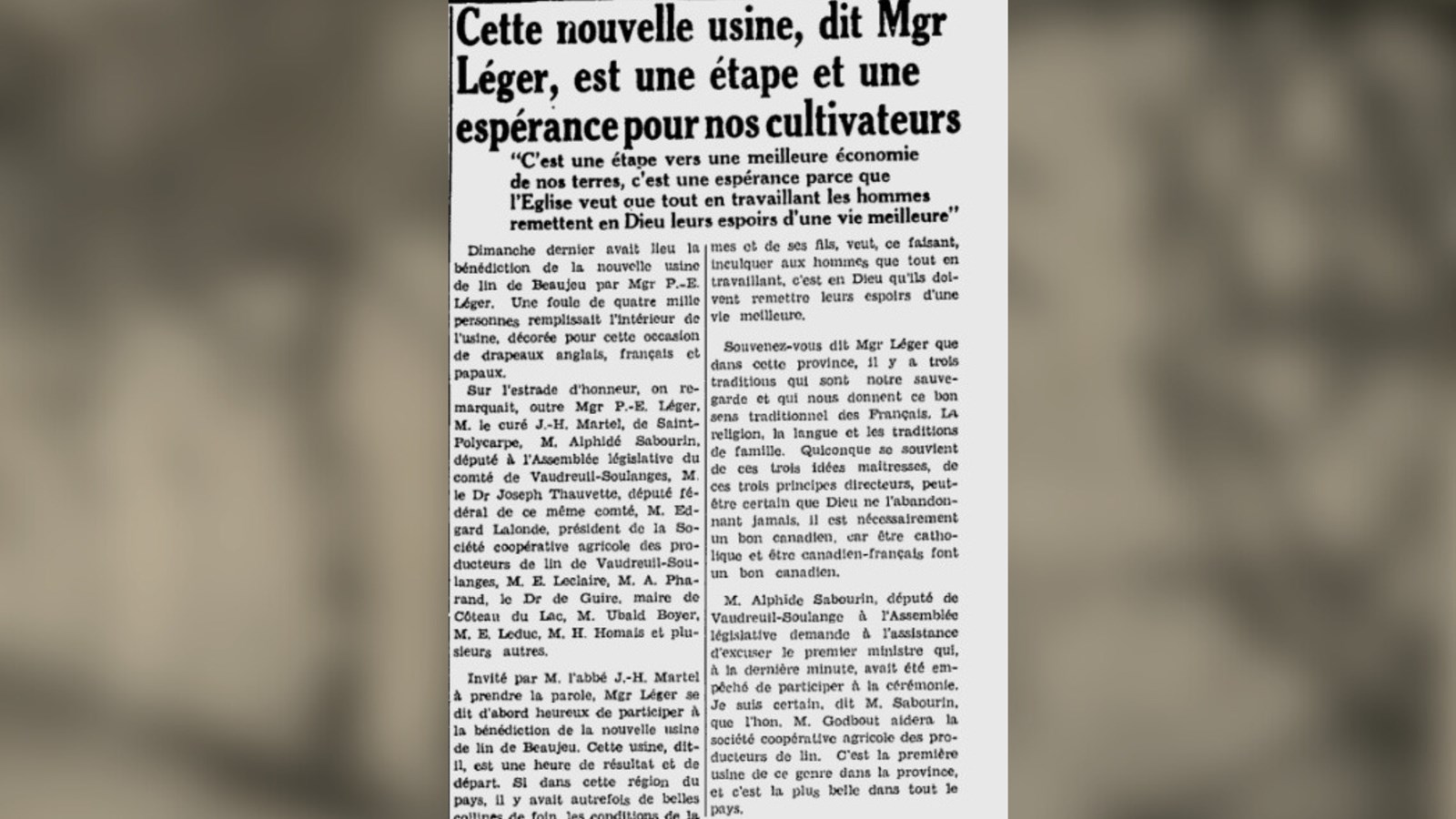Article de journal : Cette nouvelle usine, dit MGR Léger, est une étape et une espérance pour nos cultivateurs