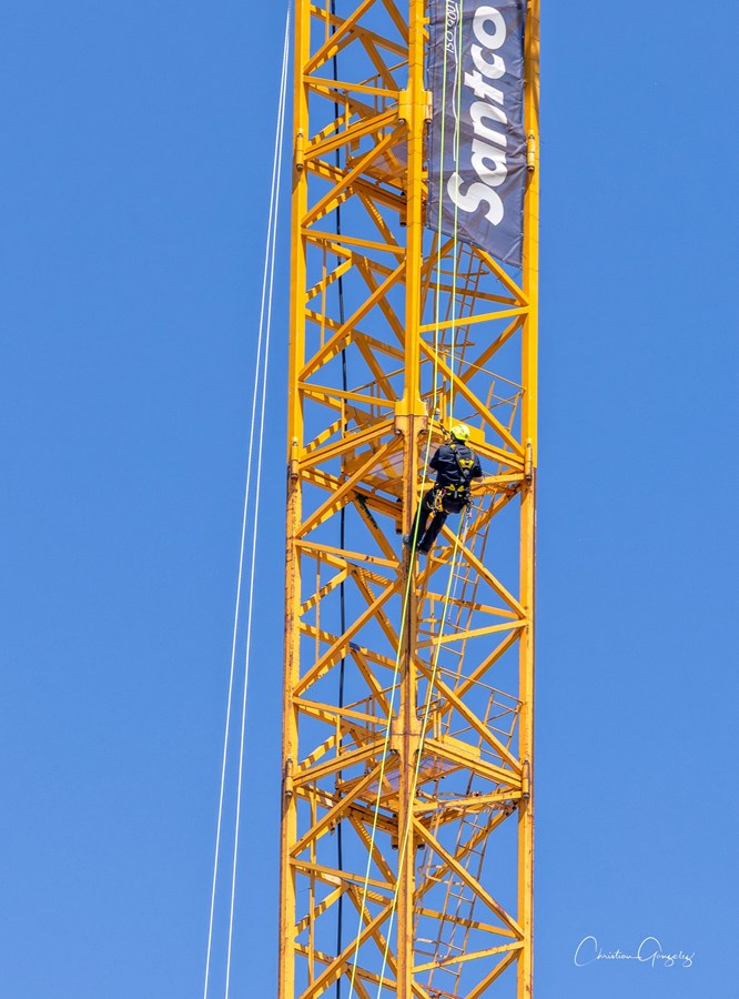 The region's firefighters practice their high-altitude rescue skills on the site of the future hospital