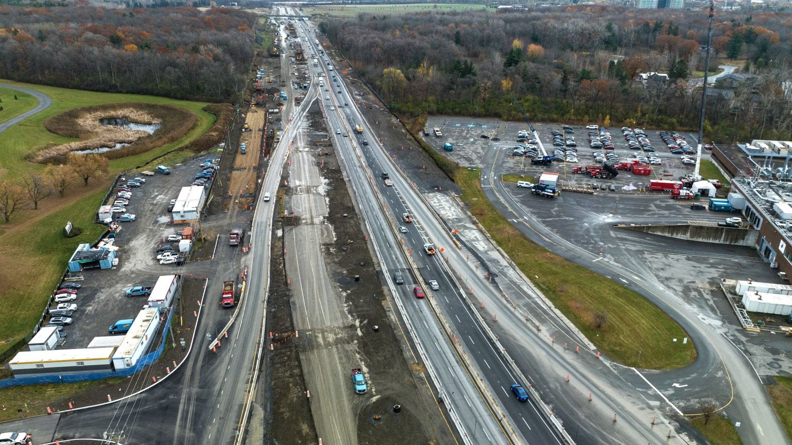 Aerial view of drainage work and new service roads on Highway 40 towards Montreal, September 2024  