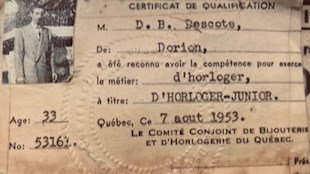 Doris Décoste's 1953 watchmaker's certificate 