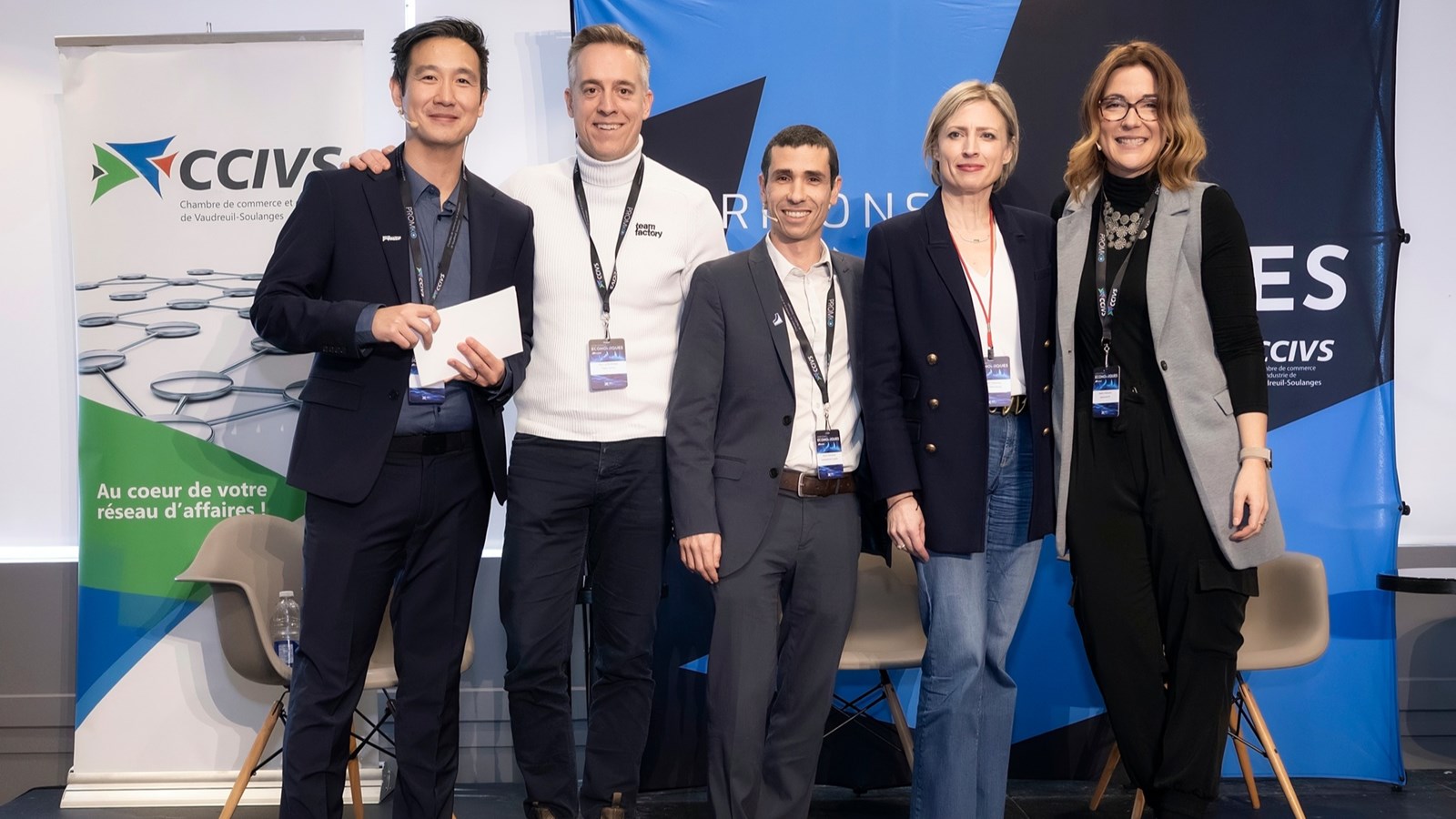Taï Cory, Martin Delarosbil de Team Factory, Benoit Robichaud d'Investissement Québec, Élisabeth Starenkyj de La Tête Chercheuse et Valérie Villeneuve d'Alternative RH
