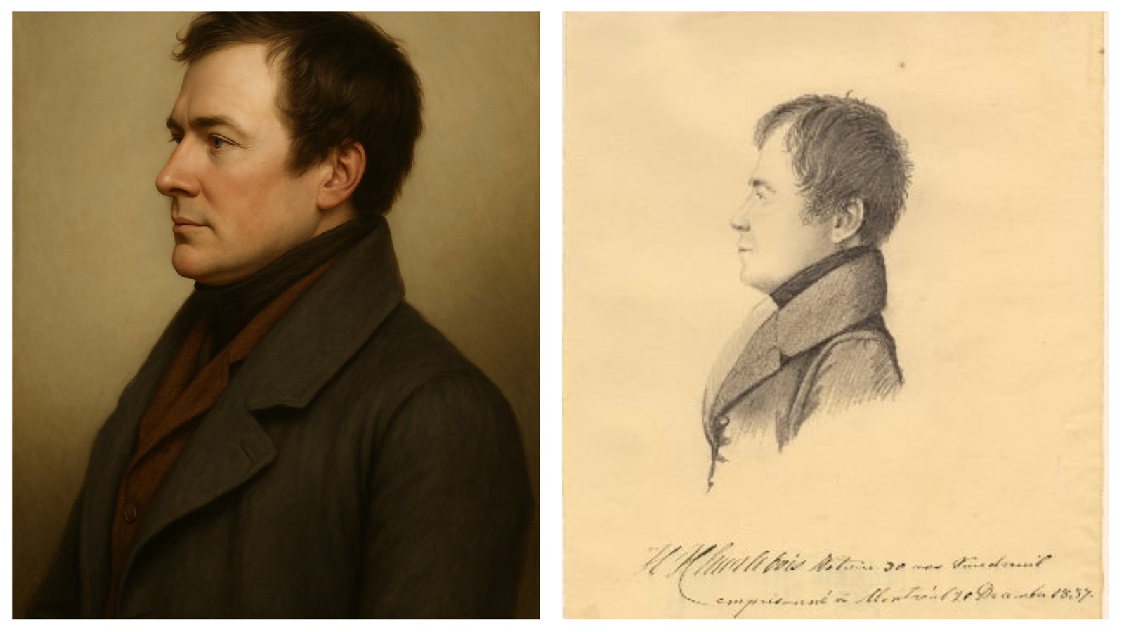 À gauche, portrait de Hyacinthe F. Charlebois créée par l'intelligence artificielle à partir du dessin de droite.