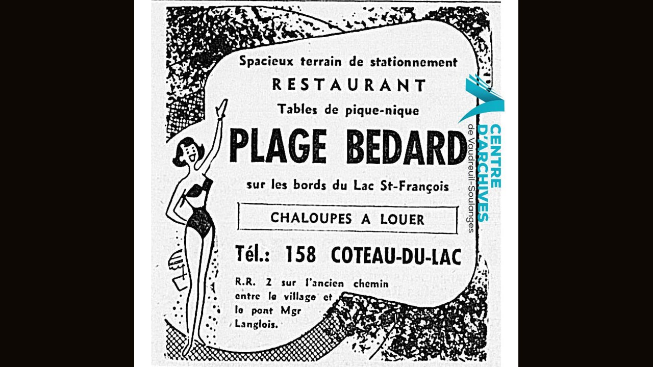 Publicité de la Plage Bédard de Coteau-du-Lac le 16 juillet 1959.