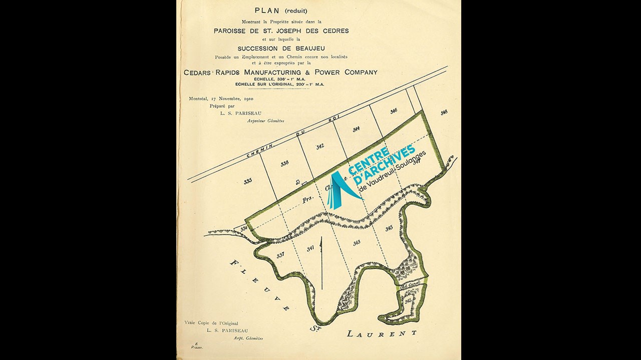 Plan de 1910 démontrant les possessions de Beaujeau au Coteau des Cèdres.