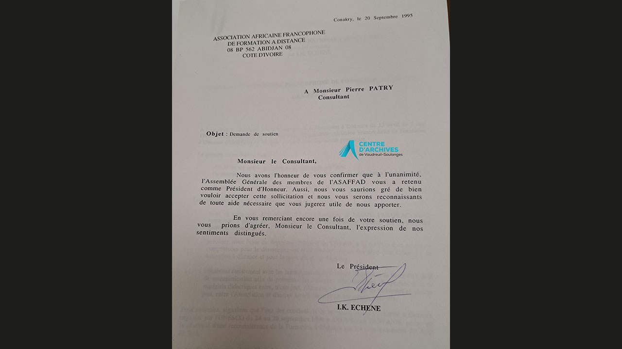 Lettre reçue par Pierre Patry de l’ASAFFAD l’informant qu’il a été choisi comme président d’honneur. 1995.