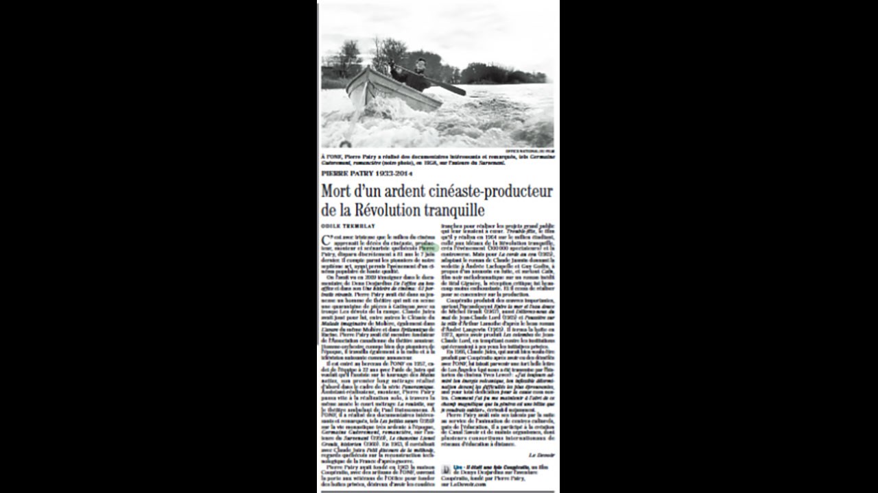 Article de journal sur le décès de Pierre Patry : Odile Tremblay « Mort d’un ardent cinéaste-producteur de la Révolution tranquille »