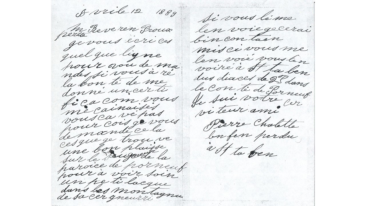 Lettre de Pierre Cholette du mois d’avril 1889.