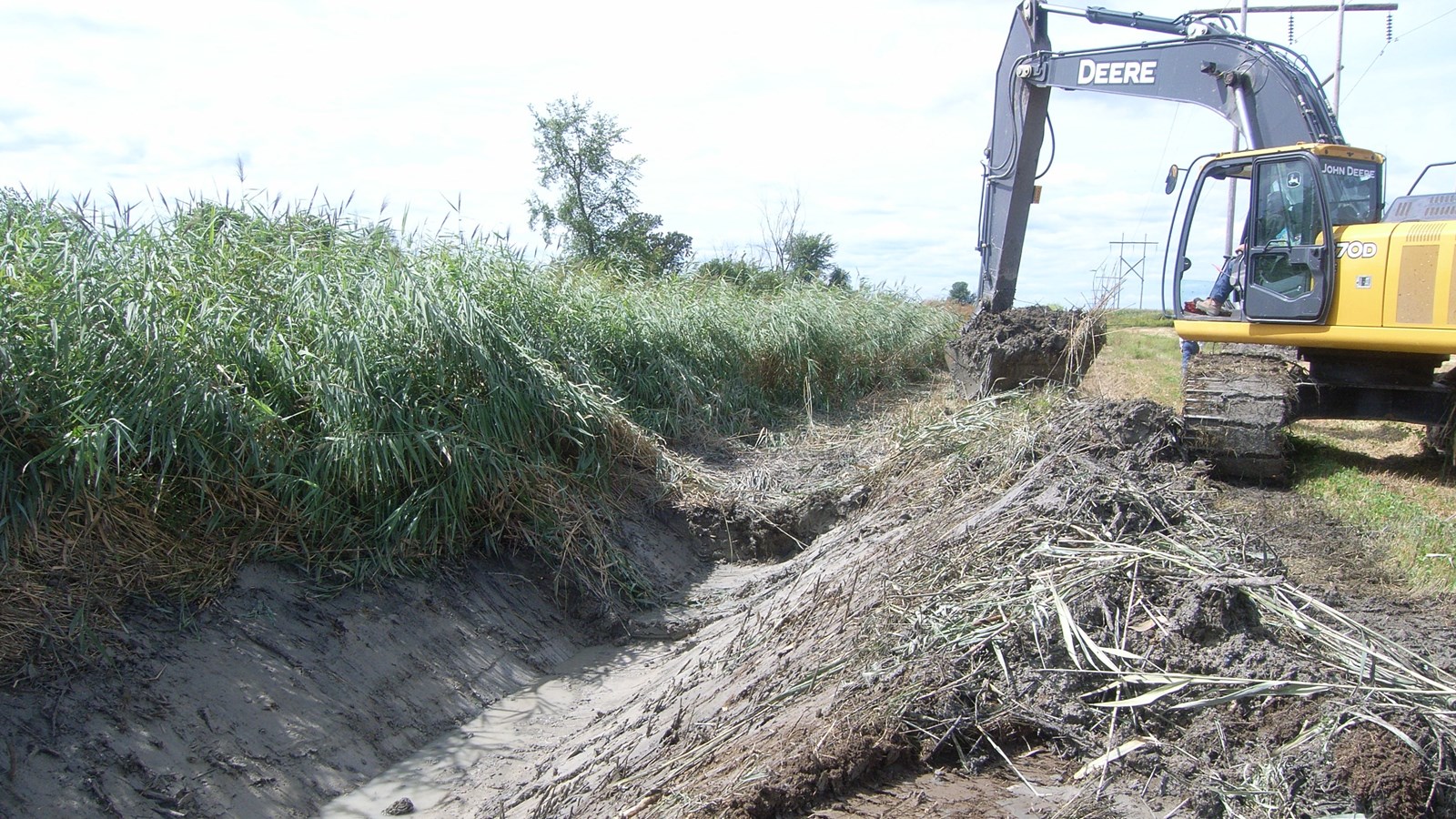 Entretien par creusage des sédiments et des phragmites avec la pelle hydraulique à la branche 13 de la rivière Noire à Saint-Polycarpe
