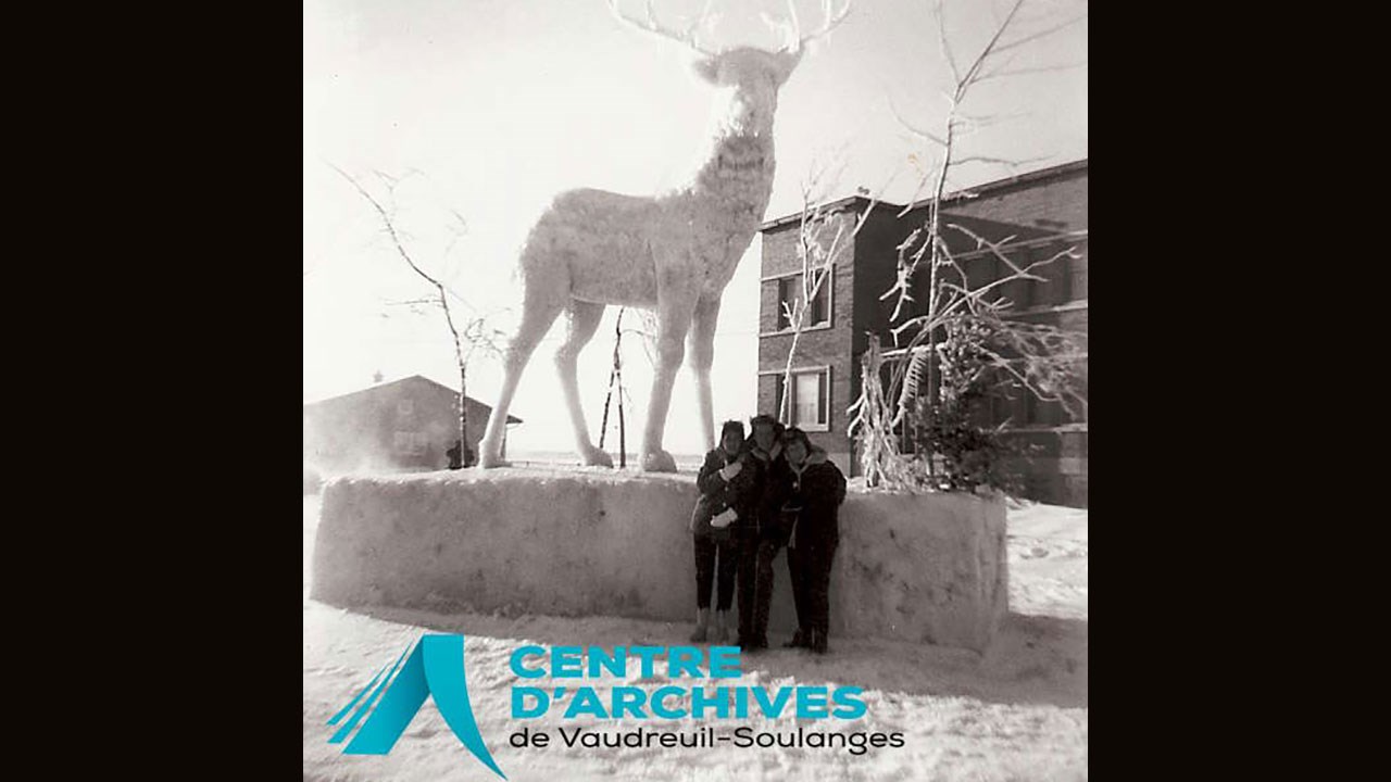 Étudiants devant le cerf de neige, [196-?].