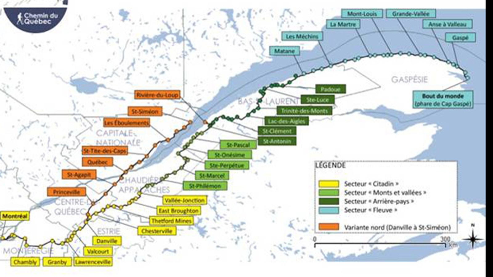 La variante Nord du trajet passe par Québec et Charlevoix pour un total de 1 234 km entre Montréal et le phare de Cap Gaspé.

