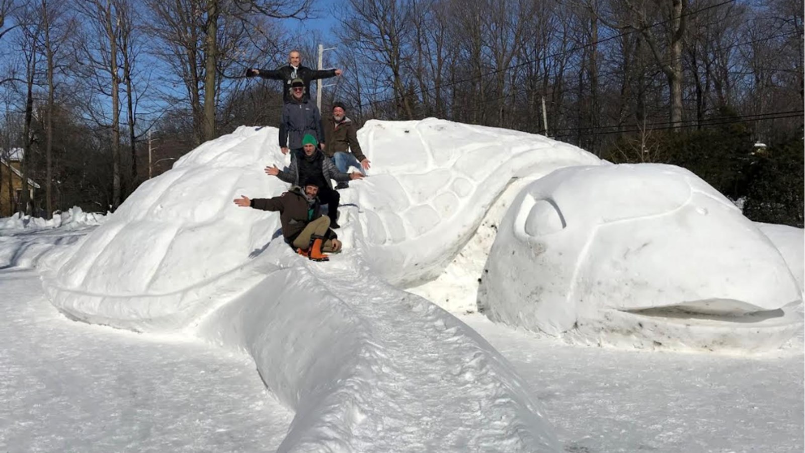 Cinq artistes réalisent une sculpture animalière de neige monumentale