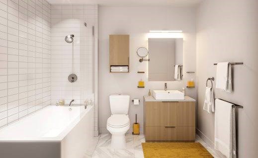 Le projet compte aussi deux ascenseurs, des casiers de rangement au sous-sol pour tous, des buanderies dans les unités, des garde-robes de type walk-in, une climatisation murale et une chute à déchets, recyclage et compostage.
