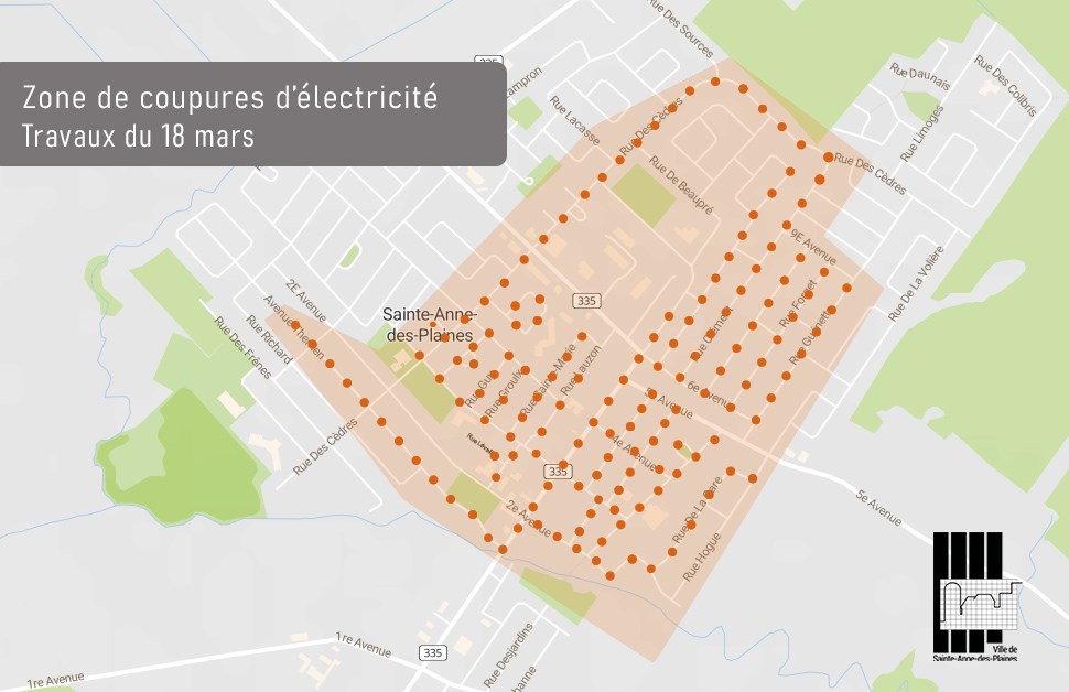 Carte de la zone concernée par la coupure d'électricité lors des travaux du 18 mars.