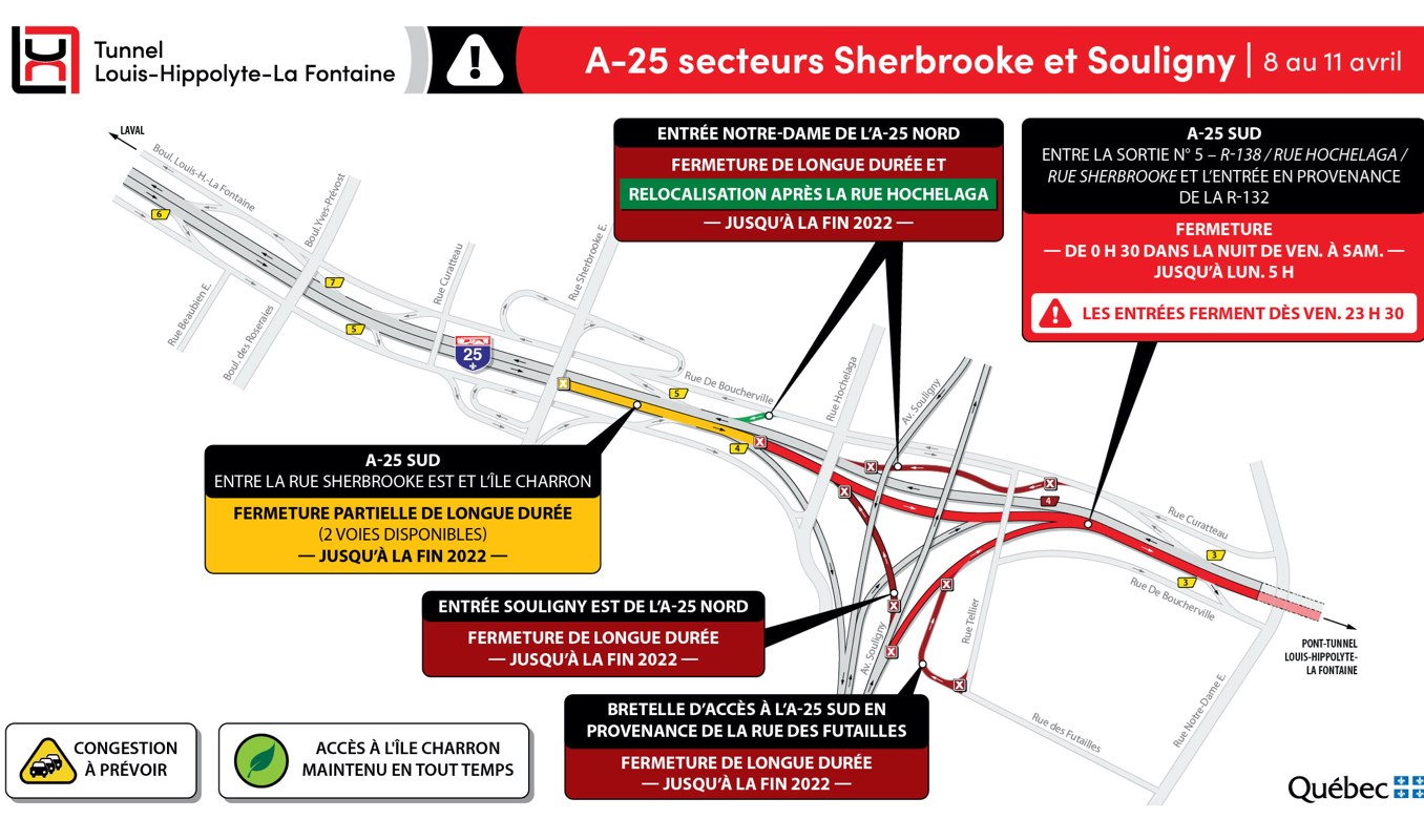 Fermeture complète du tunnel en direction de la Rive-Sud durant la fin de semaine