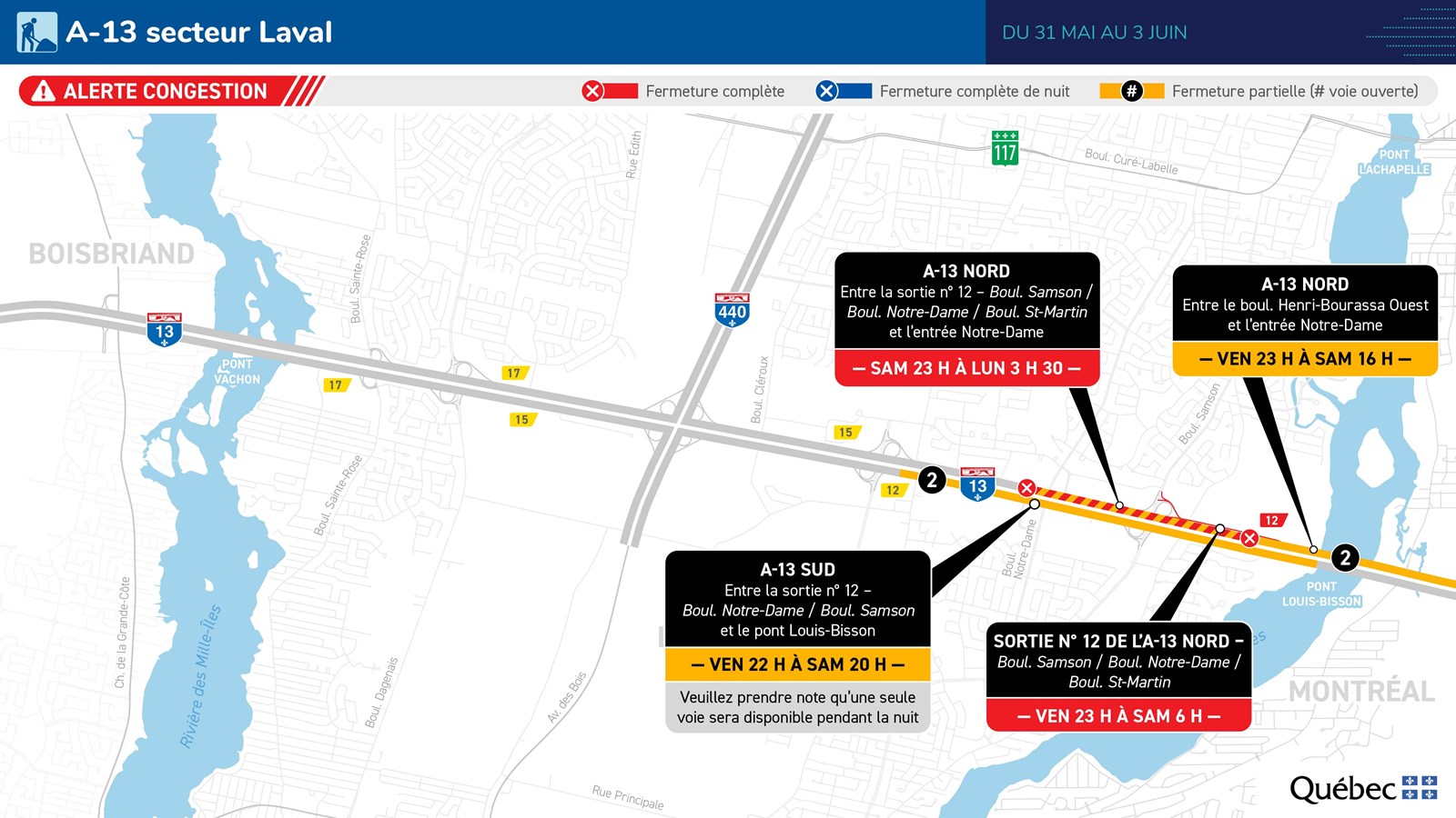 Fermetures sur l'autoroute 13 durant la fin de semaine 
