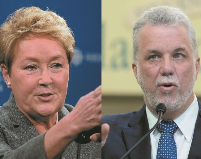 Pauline Marois et Philippe Couillard, respectivement chefs du Parti québécois et du Parti libéral du Québec.