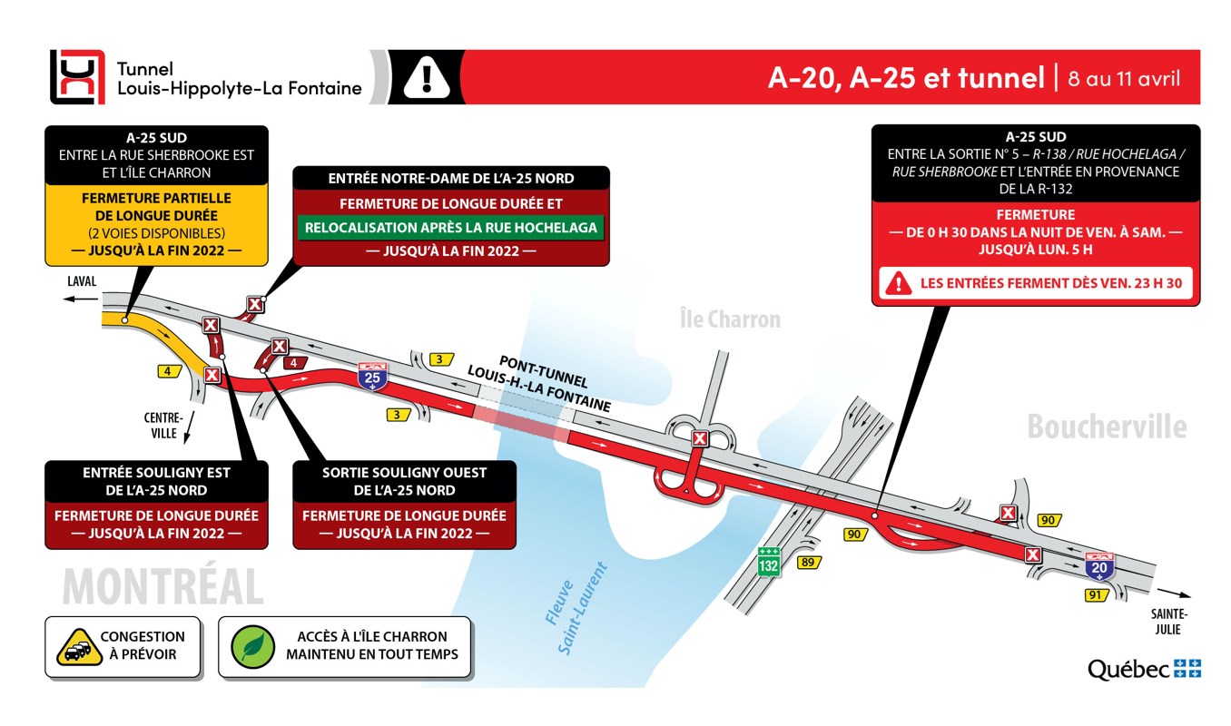Fermeture complète du tunnel en direction de la Rive-Sud durant la fin de semaine