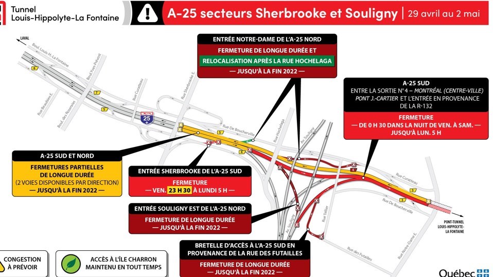 Fermeture complète d’un tronçon de l’autoroute 25 en direction de la Rive-Sud, incluant le tunnel Louis-Hippolyte-La Fontaine