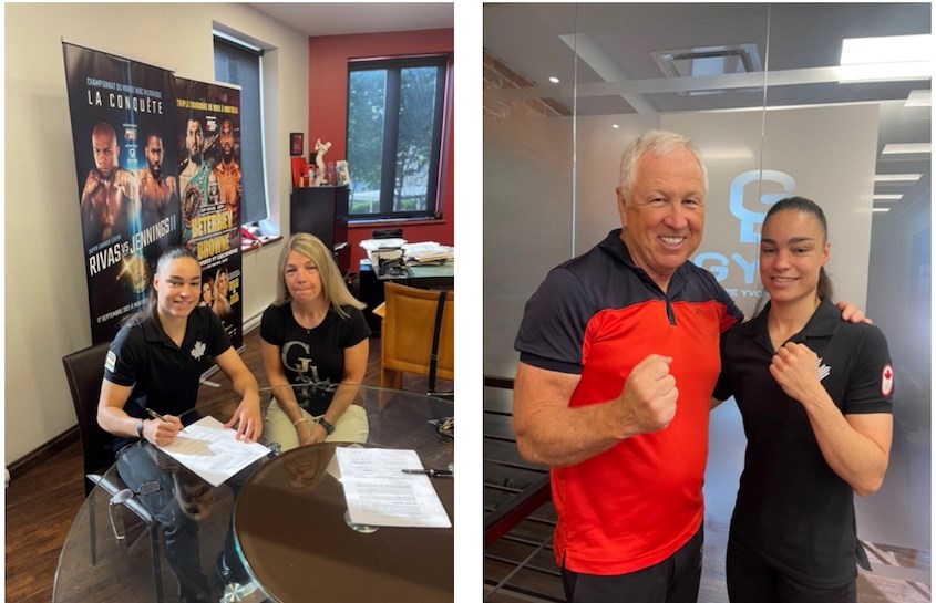 Carolyne Vyre et son entraineure Danielle Bouchard lors de la signature du contrat dans
les bureaux de GYM - Groupe Yvon Michel.

Yvon Michel, président de GYM pose fièrement en compagnie de Carolyne Vyre après la
signature du contrat marquant ses débuts professionnels.