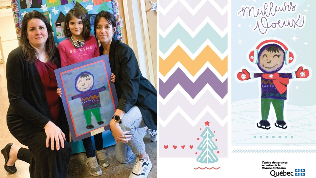 Photo de gauche: Kayla Morissette entourée de Lyne Ménard, directrice de l’école la Tourterelle et Marie-Claude Ferland, technicienne en arts graphiques. À droite: la carte.
