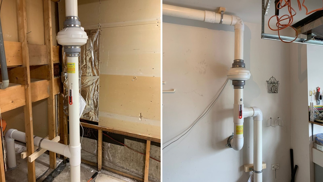 Ventilateur d'évacuation du radon. À gauche, au sous-sol, à droite, dans un garage.
