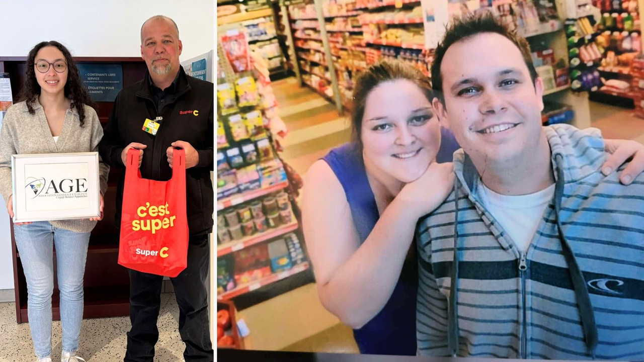 À gauche, Laura Hétu, conseillère aux affaires internes pour l’AGE, aux côtés d'André Tellier, gérant du Super C de Saint-Georges. À droite, Francis Desjardins et Christine Tessier, du Marché Ami de Saint-Prosper.