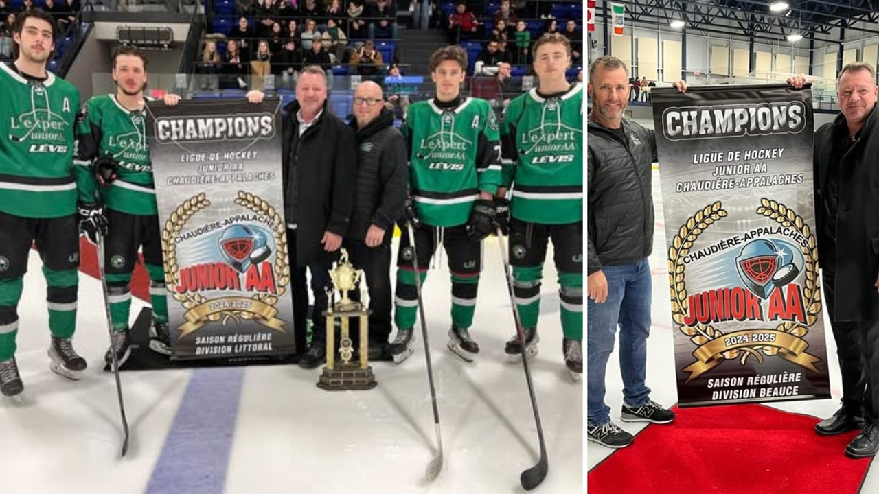 Le président de la Ligue de hockey junior AA Chaudière-Appalaches, François Loubier, a procédé à la remise des bannières et trophées de la saison régulière. À gauche, le champion division Littoral et meilleure équipe de LHJAACA, L'Expert Lévis de Saint-Romuald; à droite, les champions de la division Beauce, soit Les Beaucerons de Sainte-Marie.